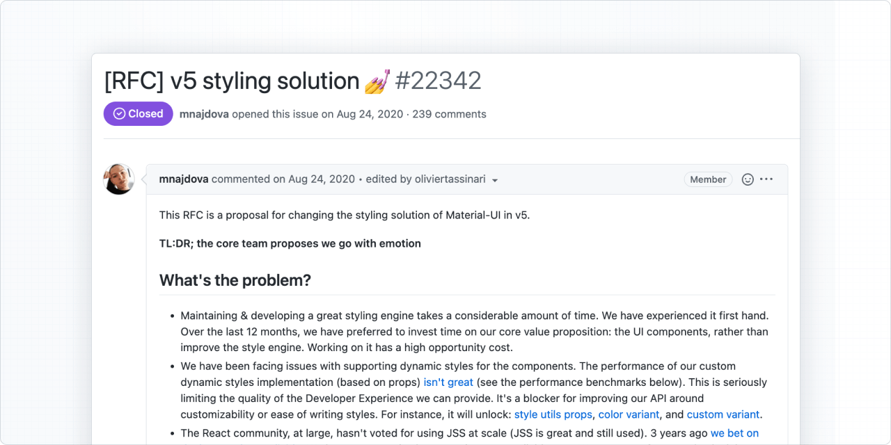 Screenshot of the new style engine GitHub issue in Material UI's repository
